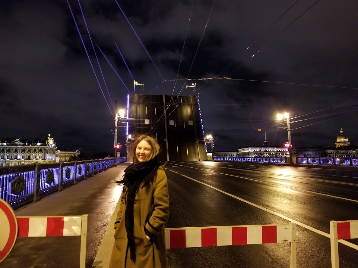 Katrina by St. Petersburg's signature splitting bridges over the Neva River.